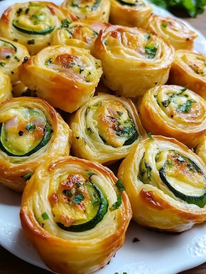 Puff Pastry Rolls con zucchine, prosciutto e Galbanino su un piatto
