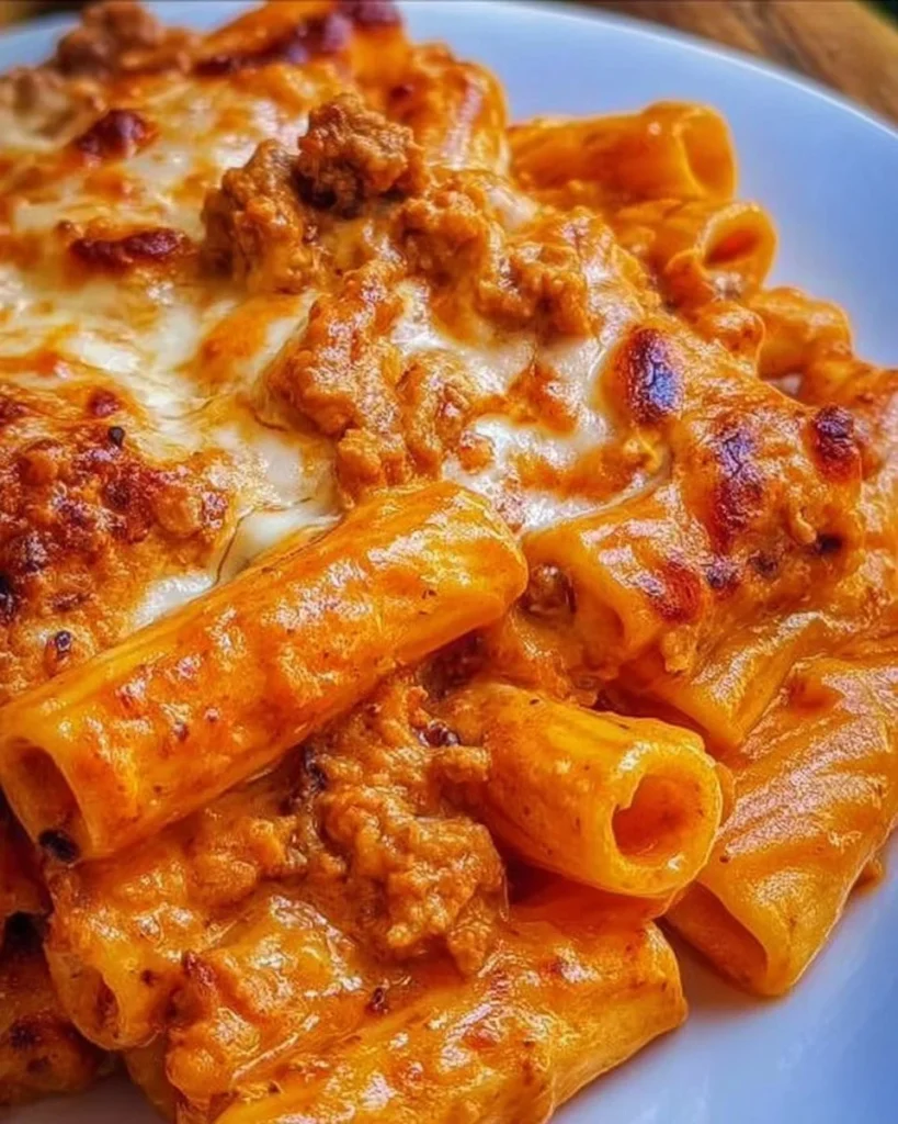 Rigatoni con besciamella, ragù bolognese e provola serviti in un piatto
