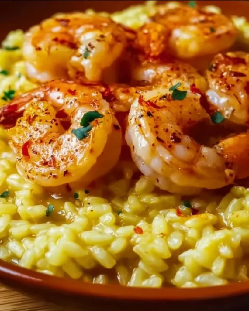 Risotto agli agrumi e gamberi servito in un piatto elegante