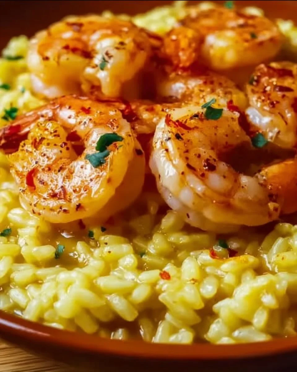 Risotto agli agrumi e gamberi servito in un piatto elegante