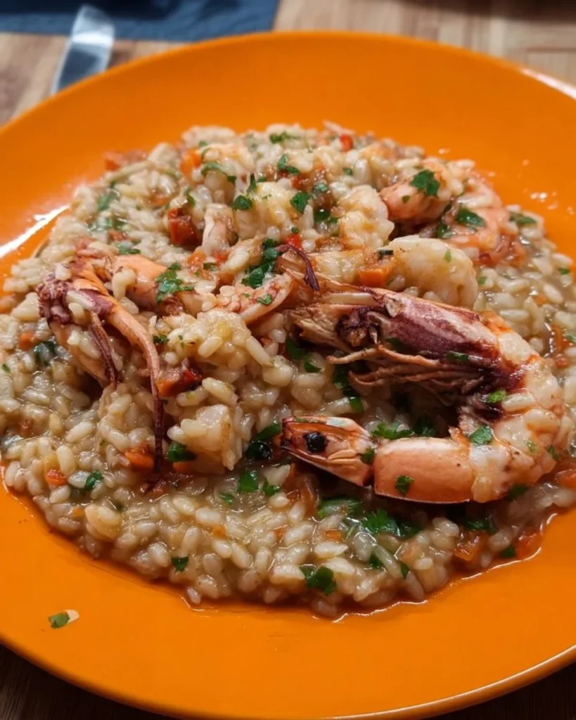 Risotto di Mare con polpo, gamberetti e scampi servito in un piatto elegante.