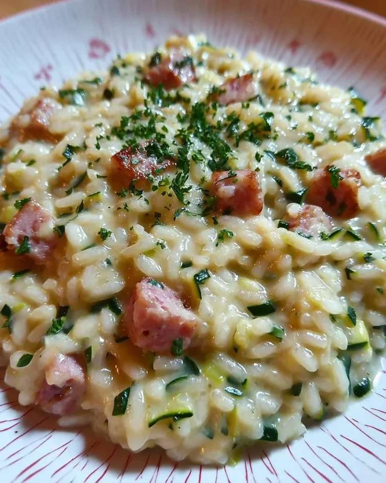 Risotto cremoso con zucchini e salsiccia, un piatto appetitoso e facile da preparare.