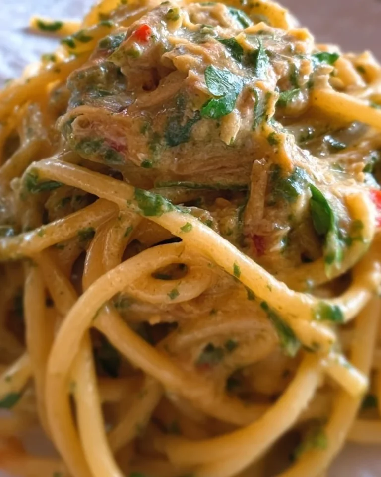 Piatto di Spaghetti al Pesto di Tonno decorato con basilico fresco