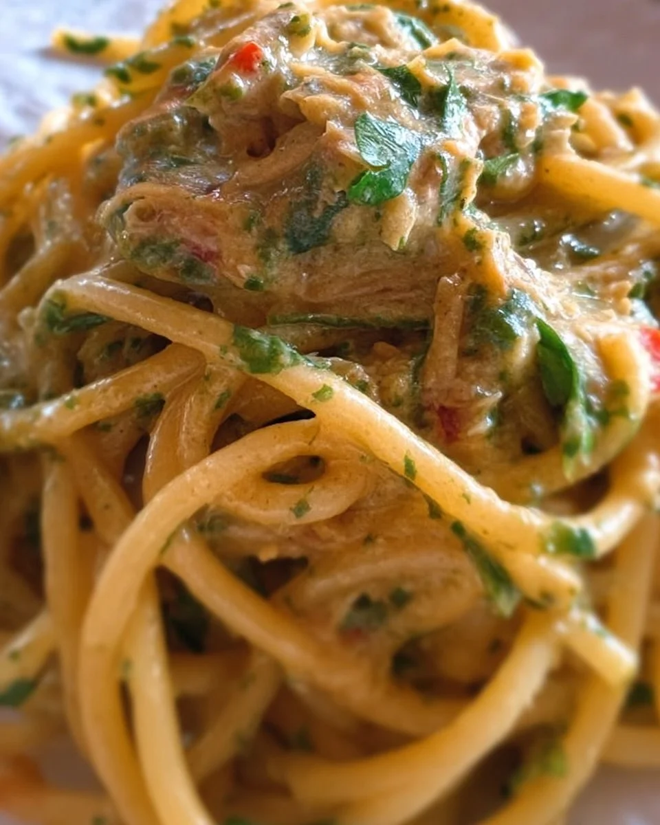 Piatto di Spaghetti al Pesto di Tonno decorato con basilico fresco