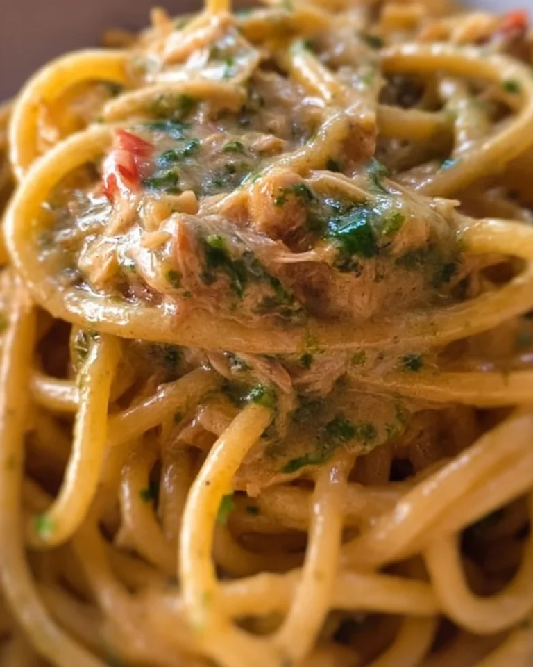 Spaghetti al Pesto di Tonno serviti in un piatto con decorazioni fresche