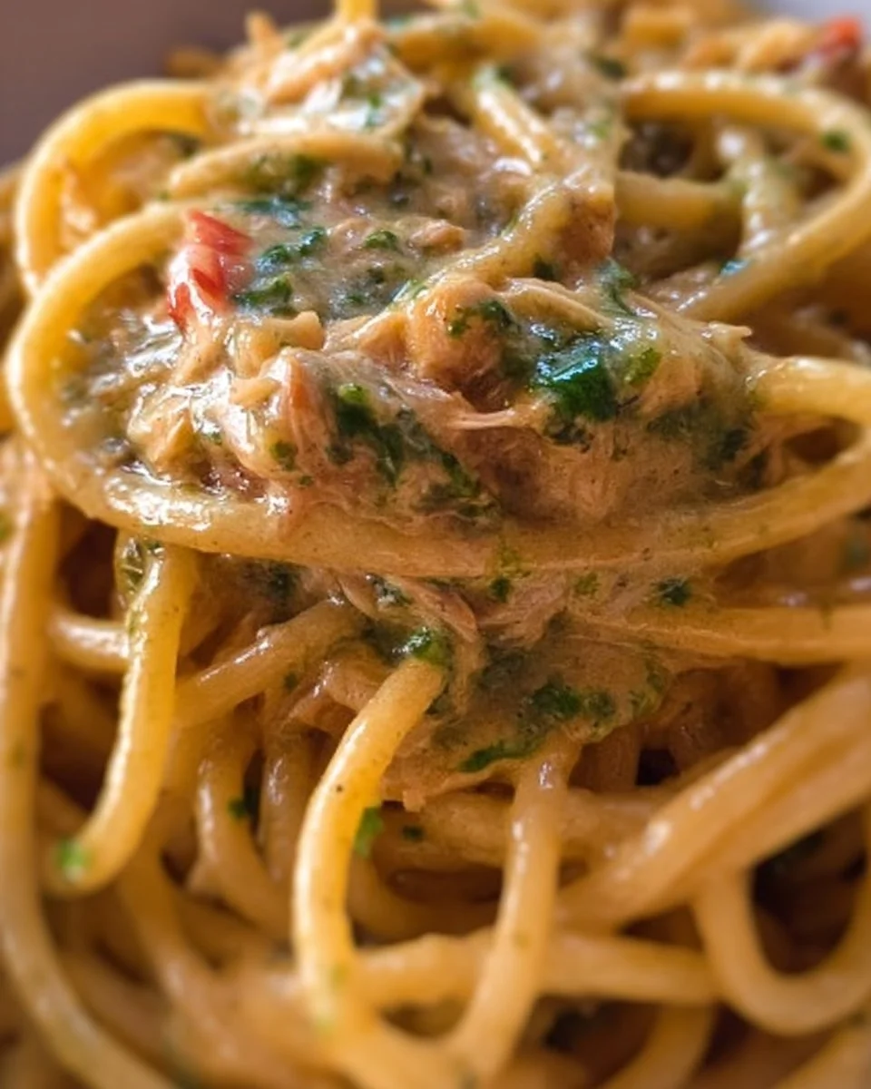 Spaghetti al Pesto di Tonno serviti in un piatto con decorazioni fresche