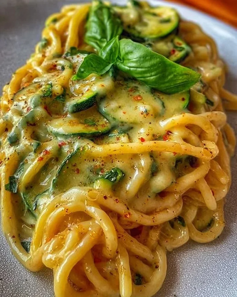 Piatto gustoso di Spaghetti alla Nerano con zucchine e formaggio