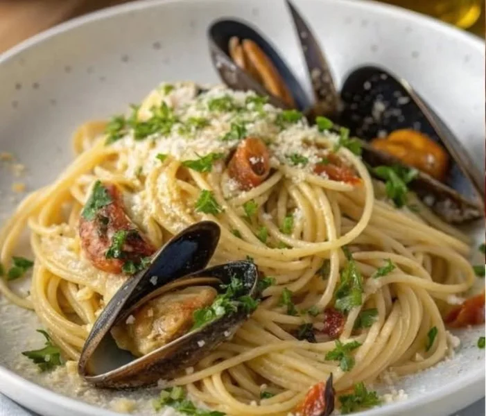 Spaghetti alle Cozze di Antonino Cannavacciuolo, un piatto italiano delizioso.