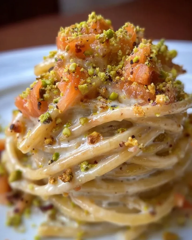 Spaghetti con crema di parmigiano, pistacchio e salmone in un piatto elegante.