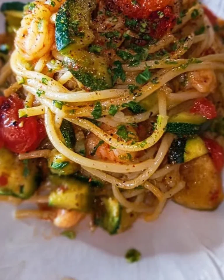Spaghetti con zucchine e gamberetti, un piatto italiano gustoso e fresco.