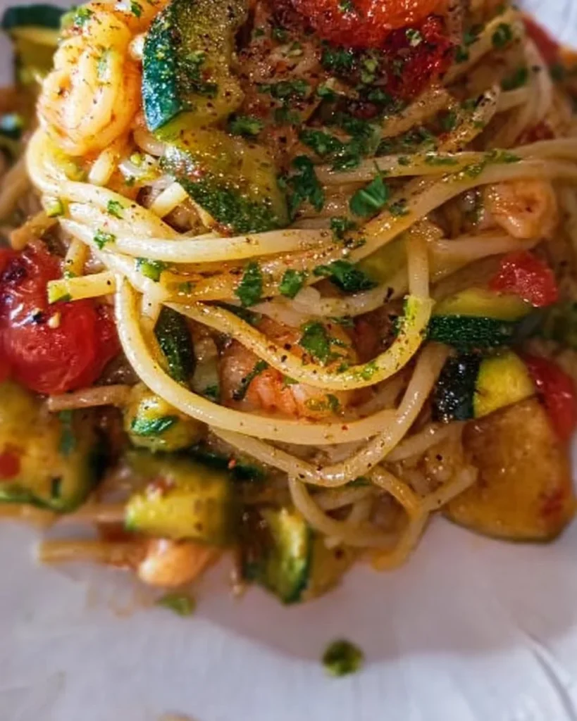 Spaghetti con zucchine e gamberetti, un piatto italiano gustoso e fresco.
