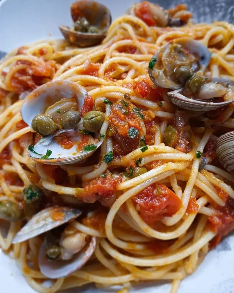 Spaghetti con vongole, capperi e olive in salsa di pomodoro e origano.