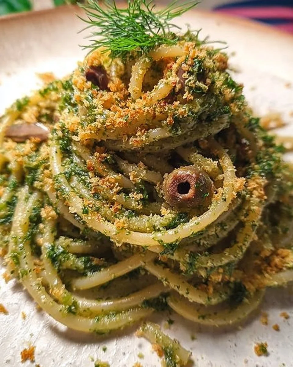 Spaghetti con finocchio, acciughe e pangrattato tostato su un piatto bianco.
