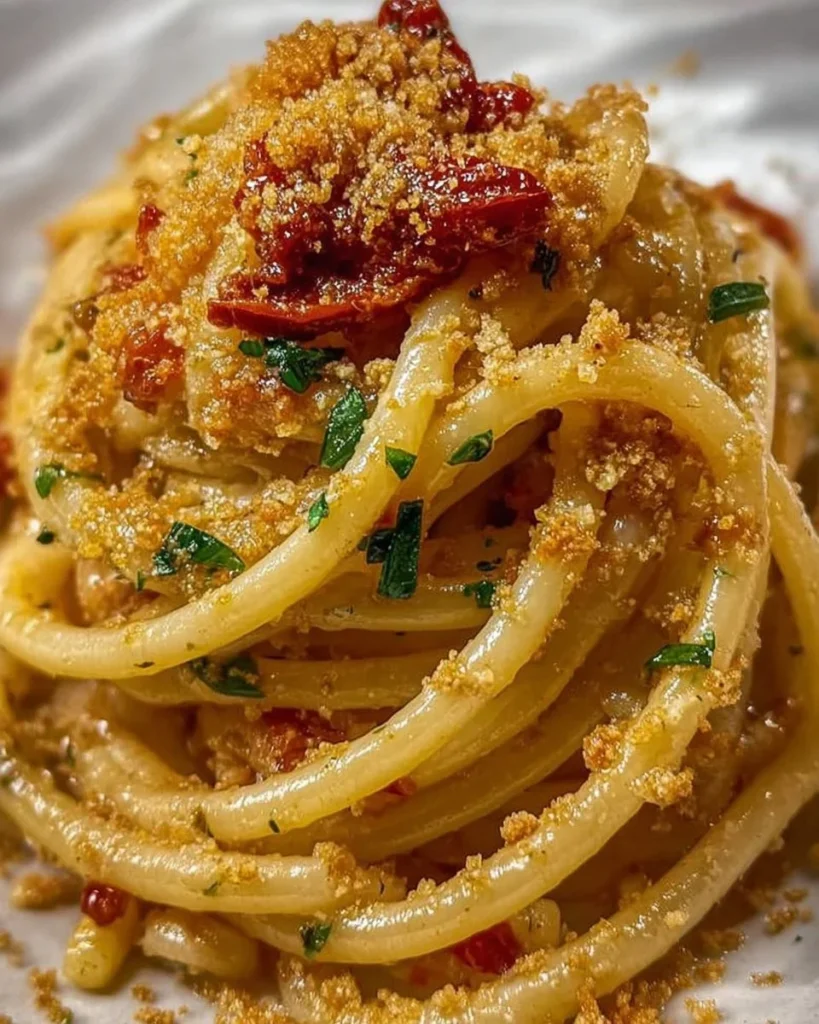 Spaghettoni aglio, olio e peperoncino con pomodori secchi e mollica croccante