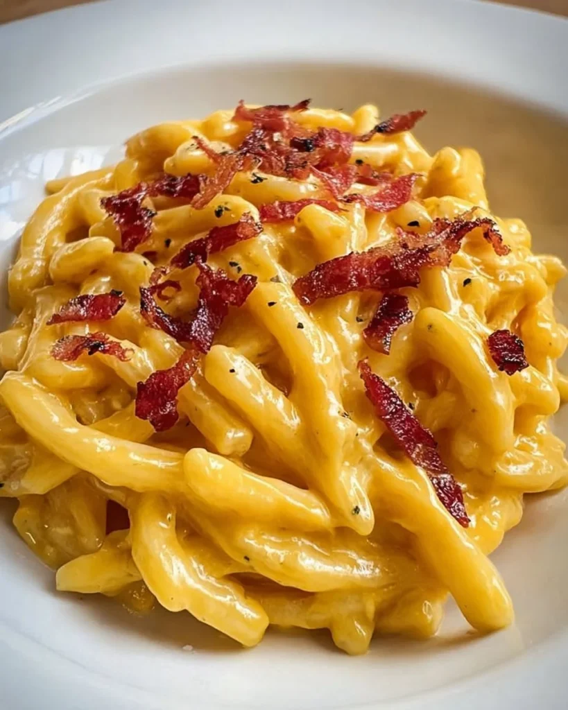 Strozzapreti Cremosi con Speck, Zafferano e Grana in un delizioso piatto italiano