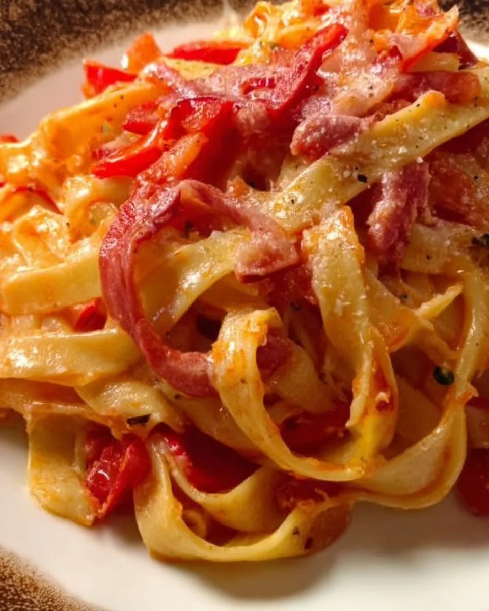 Tagliatelle con peperoni e pancetta in un piatto delizioso