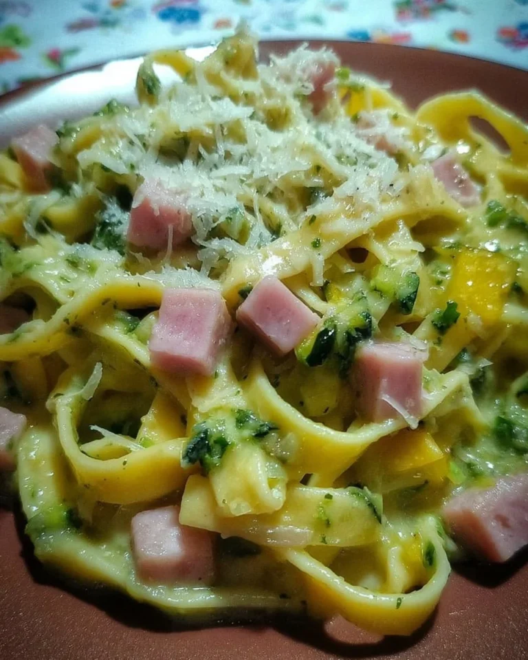 Piatto di Tagliatelle Zucchine con Cotto e Parmigiano appena servito