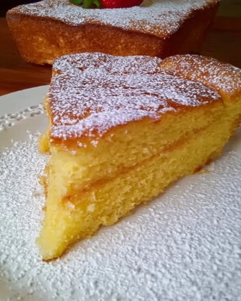 Fetta di torta al latte caldo su piatto decorato, dolce morbido e cremoso.