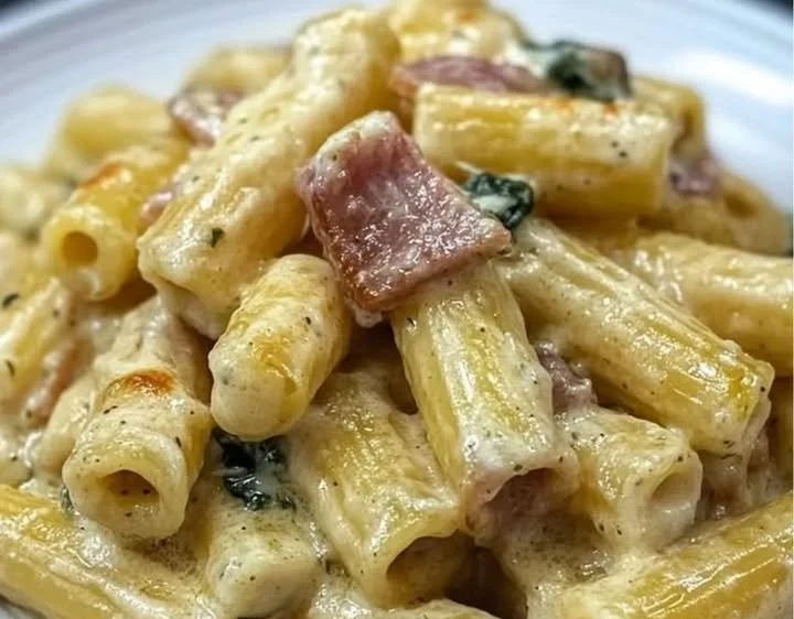 Tortiglioni con zucchine, bacon e crema di parmigiano su un piatto