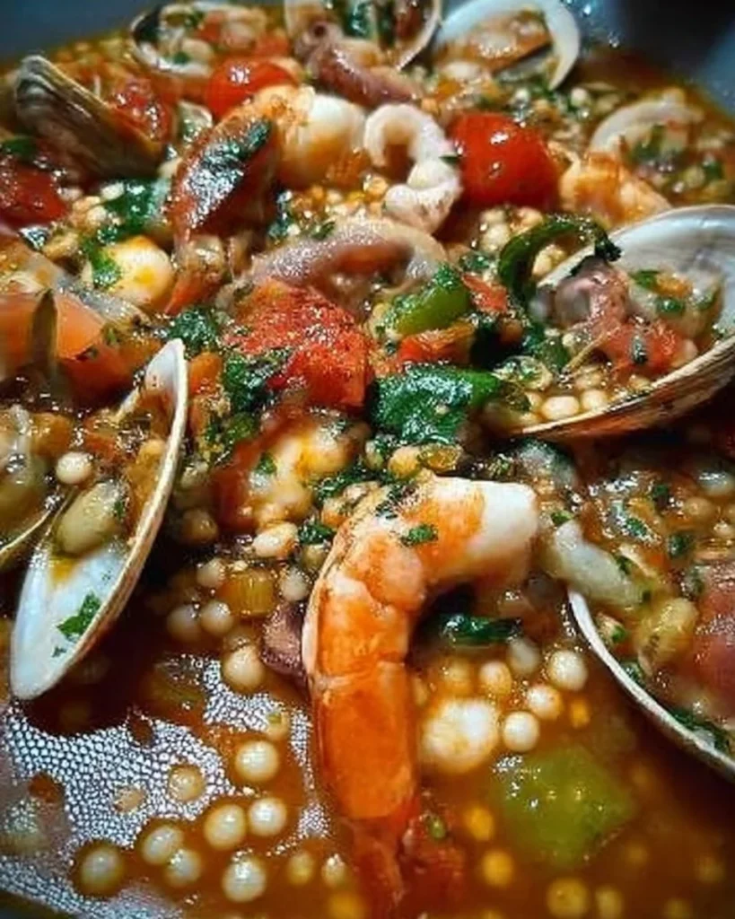 Zuppa di Fregula ai Frutti di Mare servita in una ciotola decorativa