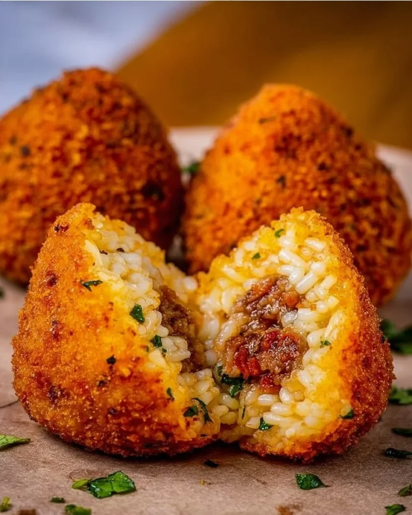 Arancini di riso alla siciliana croccanti e dorati serviti su un piatto.