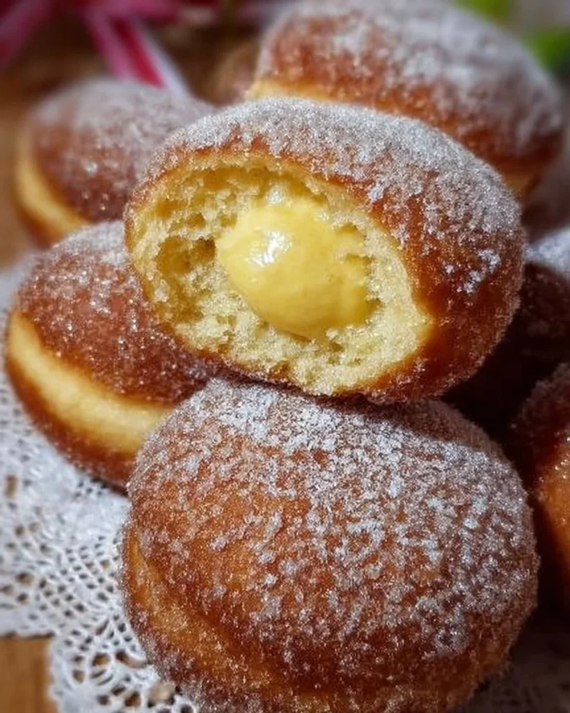 Bomboloni soffici ripieni di crema e zucchero a velo, dolci tradizionali italiani.