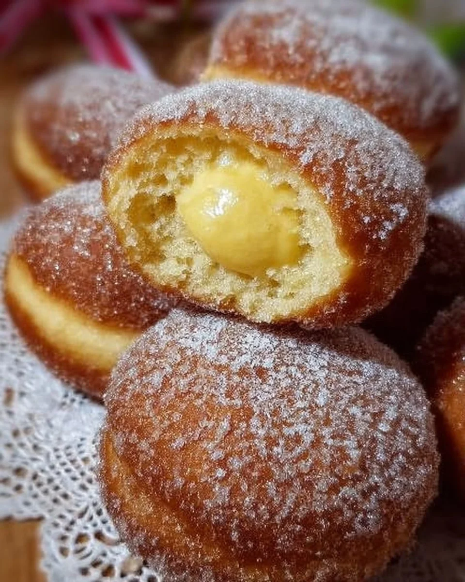 Bomboloni soffici ripieni di crema e zucchero a velo, dolci tradizionali italiani.