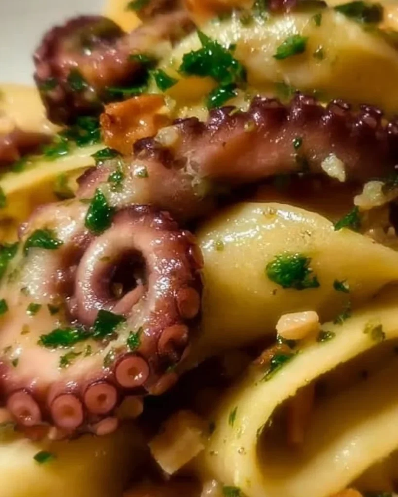 Calamarata con crema di patate e polpo, piatto tipico della cucina italiana