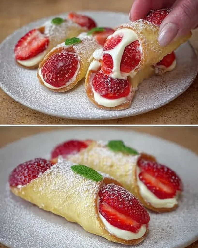 Cannoli di Fragole deliziosi con ripieno cremoso e fragole fresche