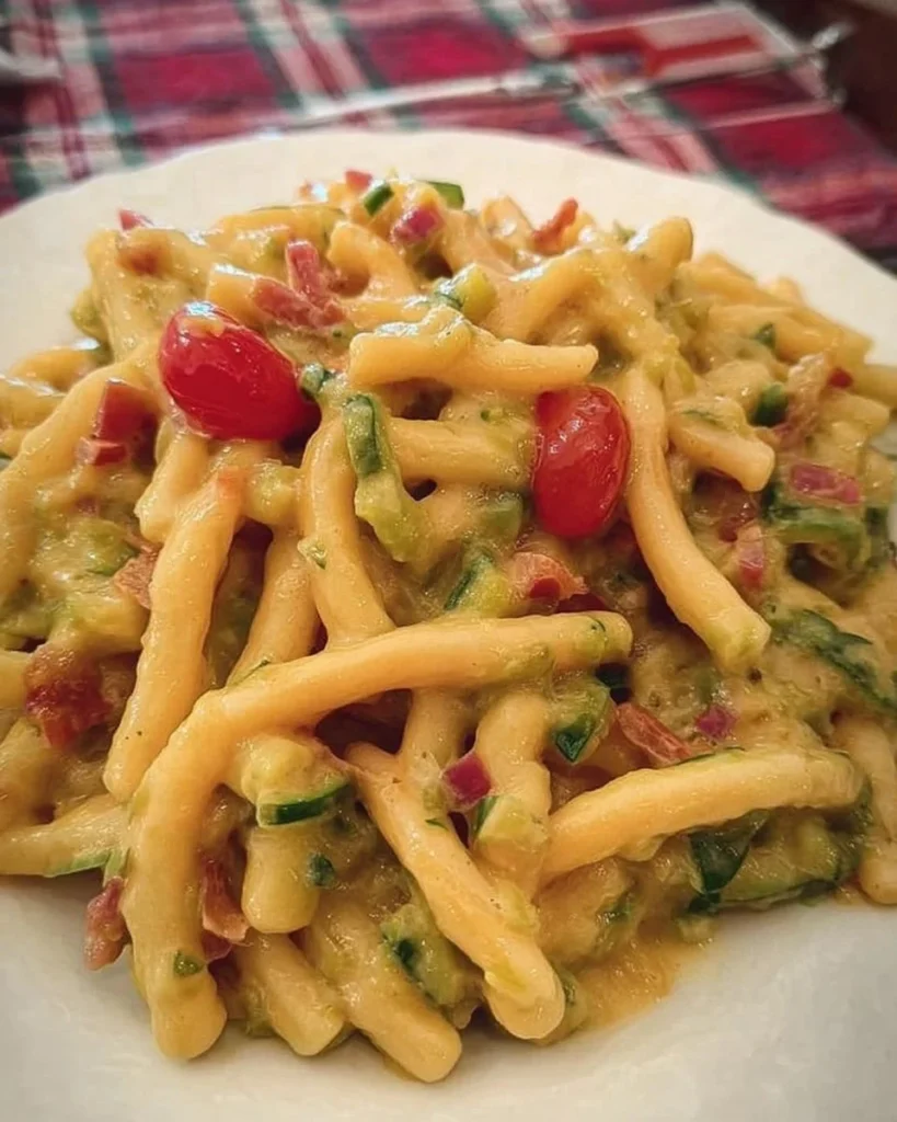 Casarecce zucchini con speck, besciamella e pomodorini