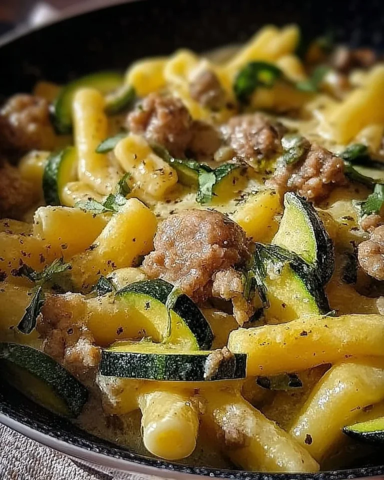 Caserecce con salsiccia, zucchine e Philadelphia in un piatto elegante