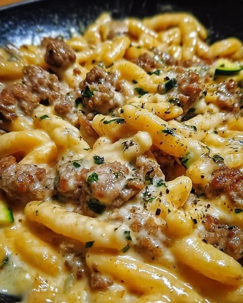 Caserecce con salsiccia, zucchine e Philadelphia in un piatto colorato.