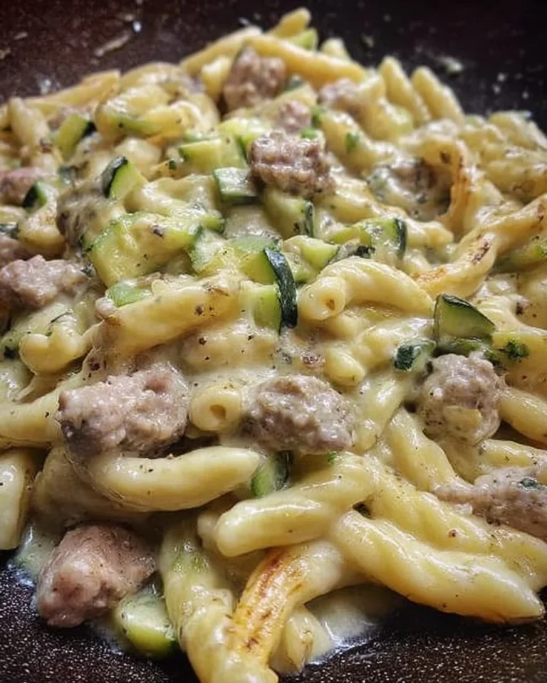 Caserecce con salsiccia, zucchine e Philadelphia servite in un piatto