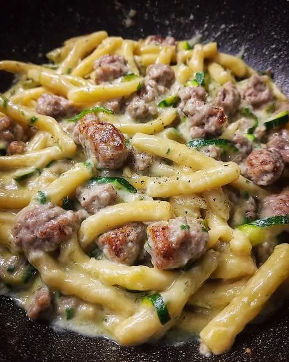 Caserecce con salsiccia, zucchine e Philadelphia in un piatto gustoso