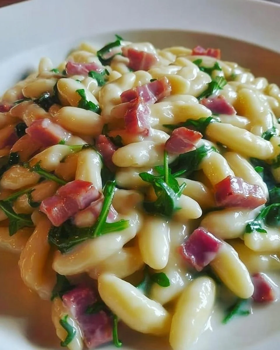 Cavatelli freschi con speck, rucola e crema di patate serviti in un piatto