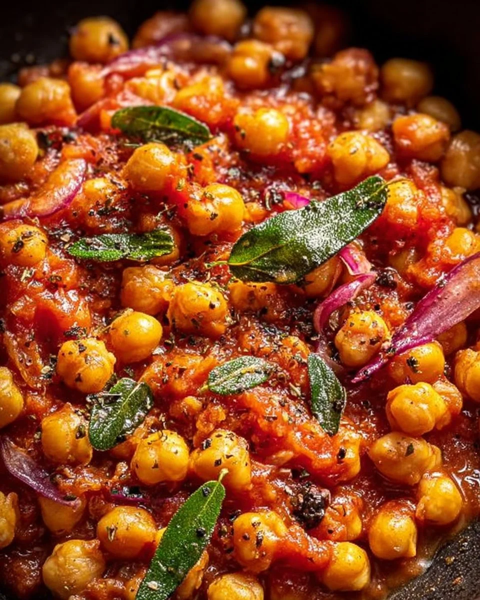 Ceci alla Marinara serviti in un piatto con ingredienti freschi.