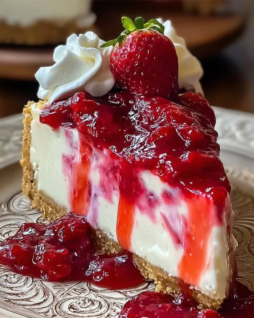 Delizioso cheesecake alle fragole swirl decorato con salsa di fragole