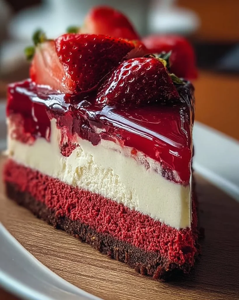 Cheesecake di Fragole e Red Velvet decorato con fragole fresche e panna