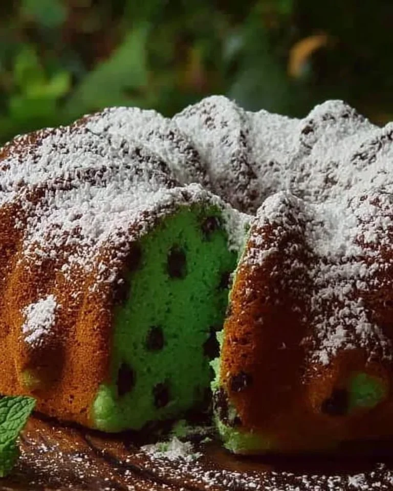 Ciambellone cocco-menta decorato e pronto per essere gustato