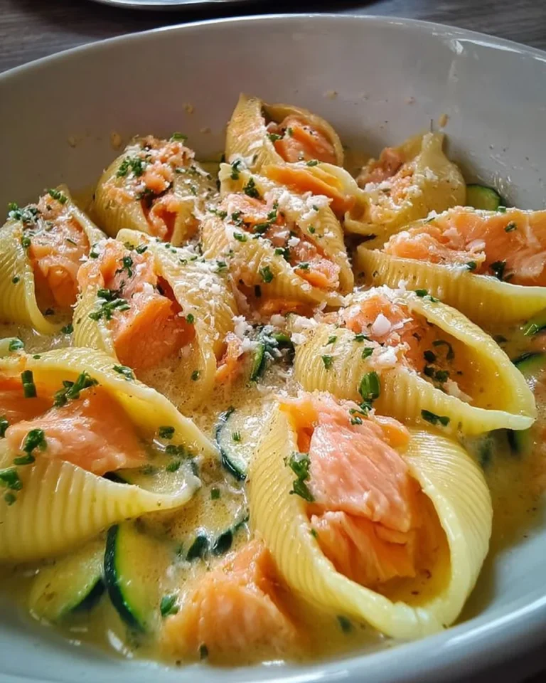 Conchiglioni al salmone e zucchine, un piatto italiano delizioso e colorato.