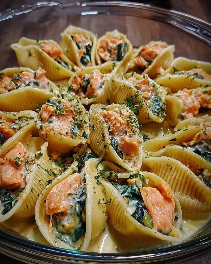 Conchiglioni con Zucchine e Salmone serviti in un piatto colorato