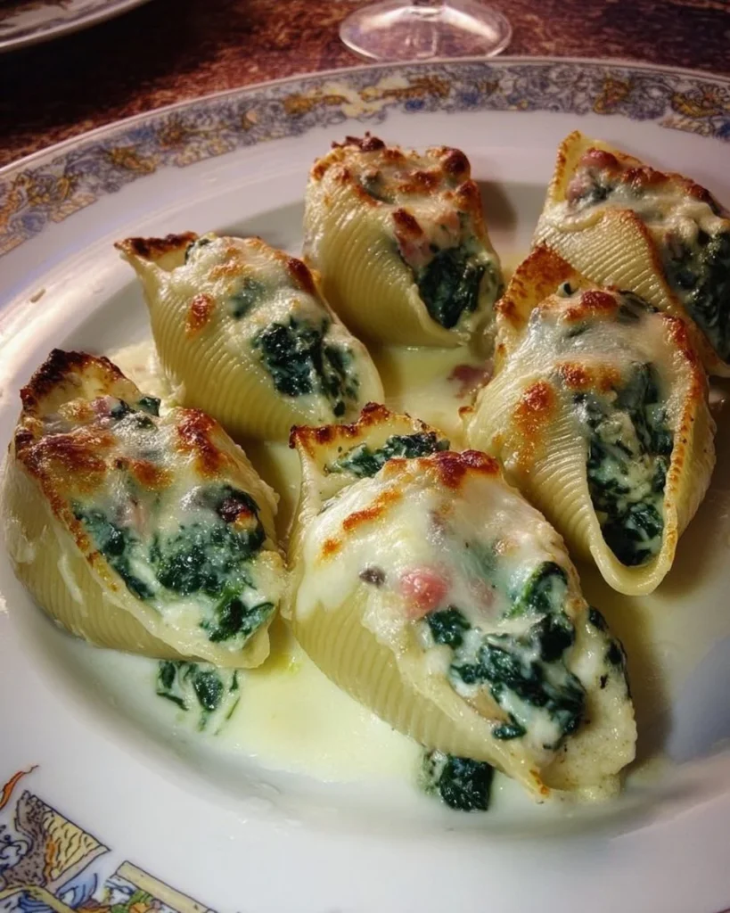 Conchiglioni ripieni con spinaci, ricotta, speck e besciamella serviti in un piatto