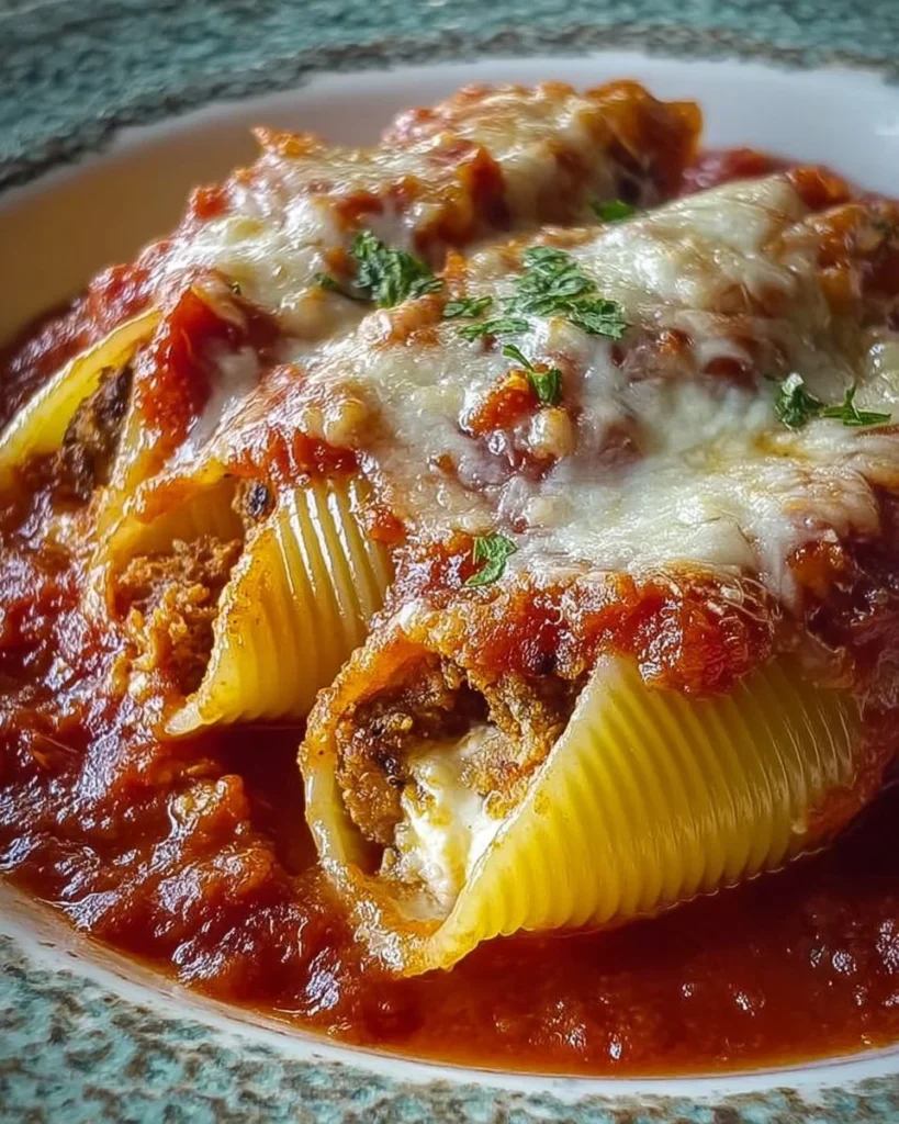 Conchiglioni Ripieni di Melanzane, Ricotta e Provolone serviti su un piatto