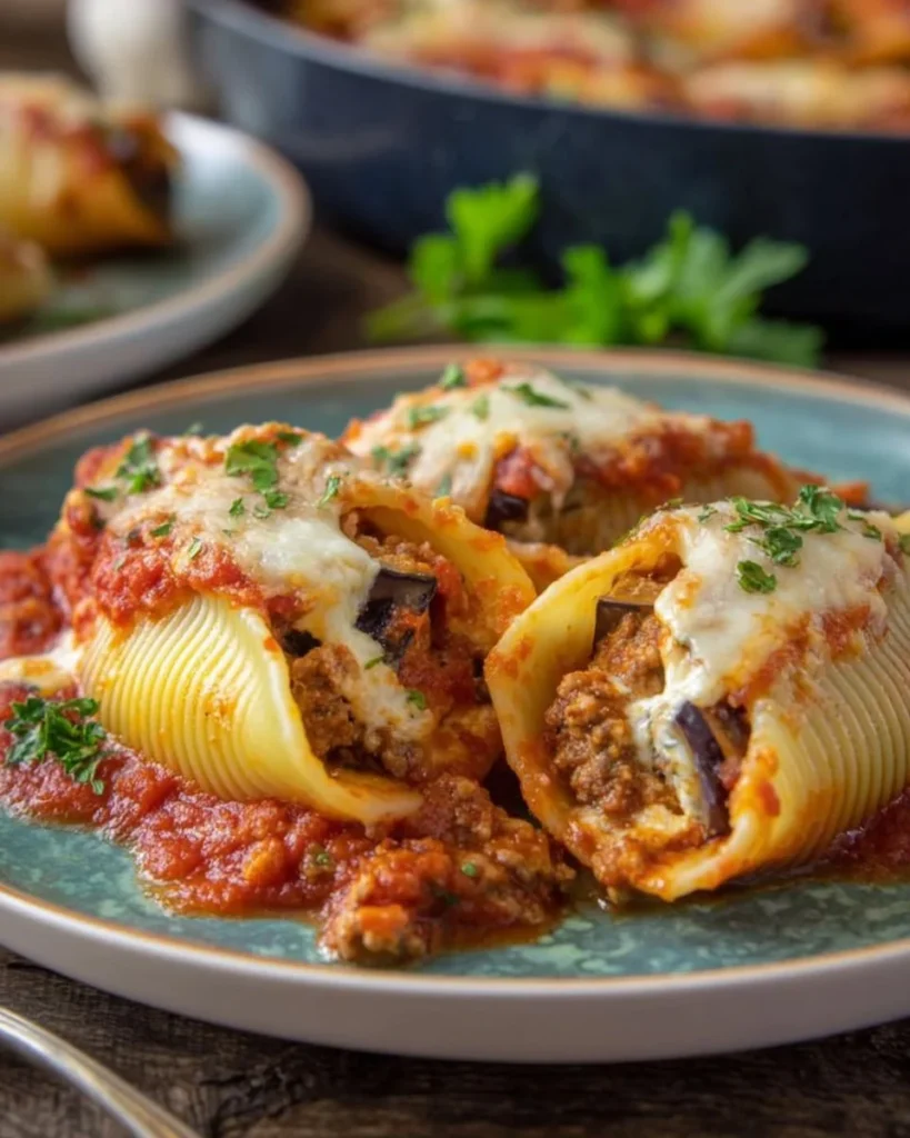 Conchiglioni Ripieni di Melanzane, Ricotta e Provolone su un piatto elegante