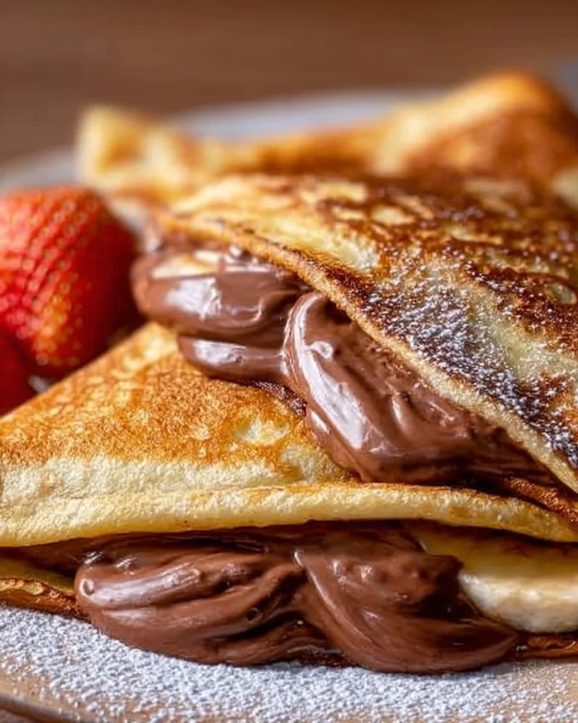 Crepe alla Nutella su un piatto decorato con frutta fresca e zucchero a velo