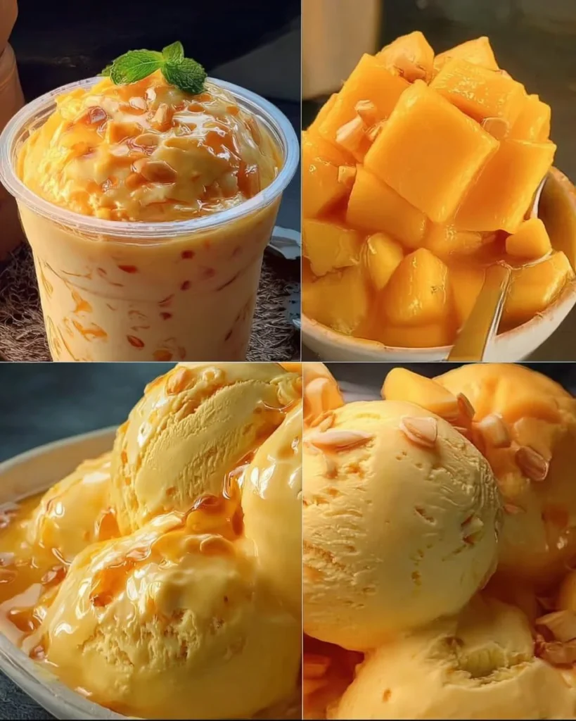 Un delizioso Dolce di Mango decorato con frutta fresca e crema.