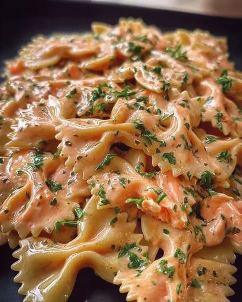 Farfalle al salmone servite con un tocco di prezzemolo fresco.