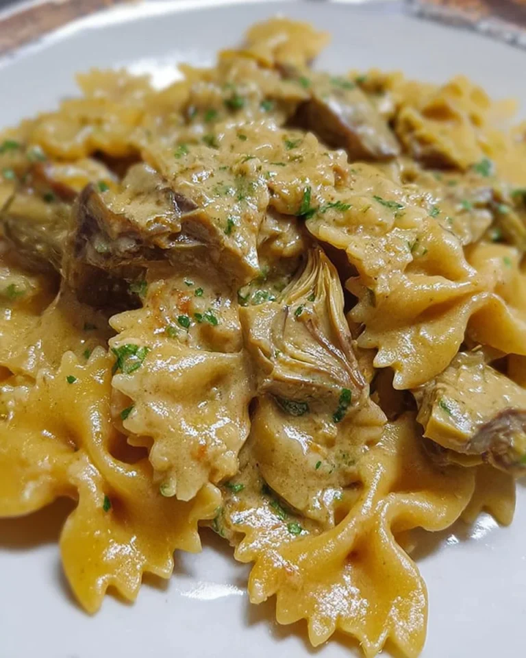 Farfalle con crema di carciofi e cuori trifolati, piatto gourmet italiano.