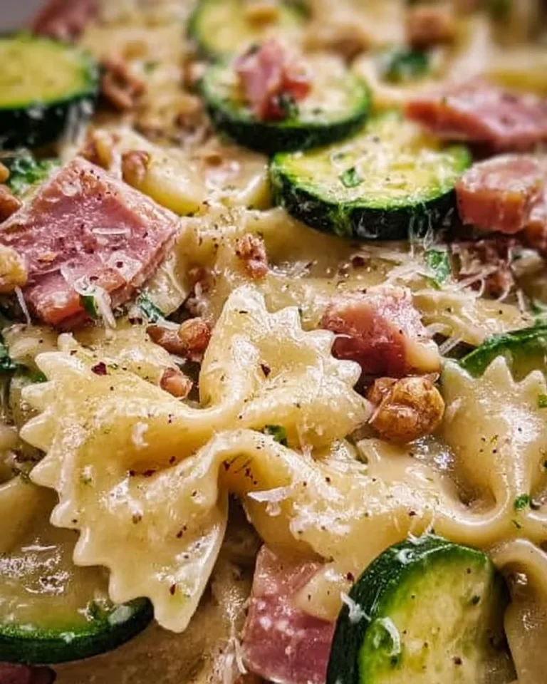 Farfalle con zucchine, prosciutto cotto, Philadelphia e noci in un delizioso piatto