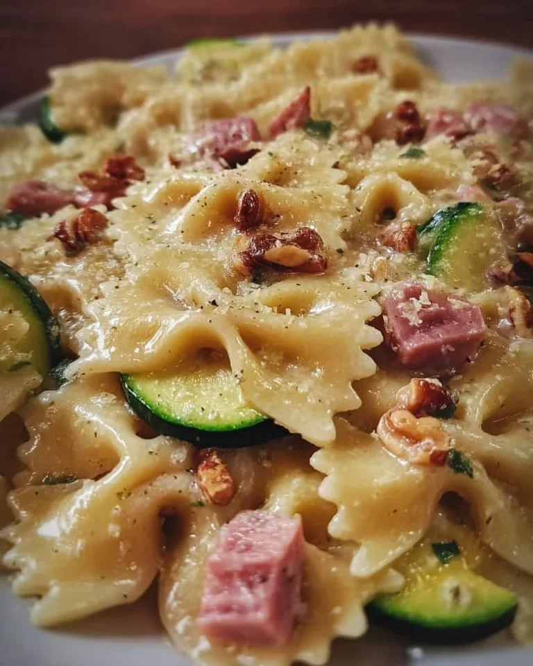 Farfalle con zucchine, prosciutto cotto, Philadelphia e noci in un piatto colorato